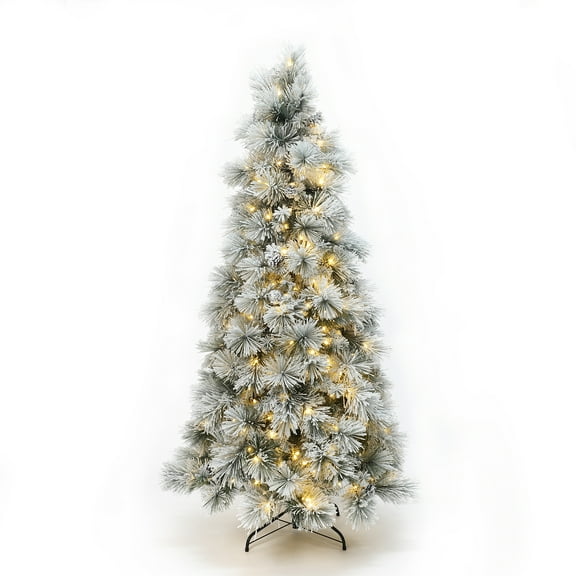 6.5Ft Pre-Lit Snowy Branches Artificial Christmas Tree with Metal Stand