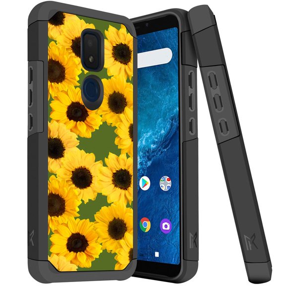 ANJ  Slim Dual Layer Hybrid Shockproof Case   Tempered Glass Cover for Cricket Icon 3, Splendor, AT&T Motivate 2 - Summer Sunflowers