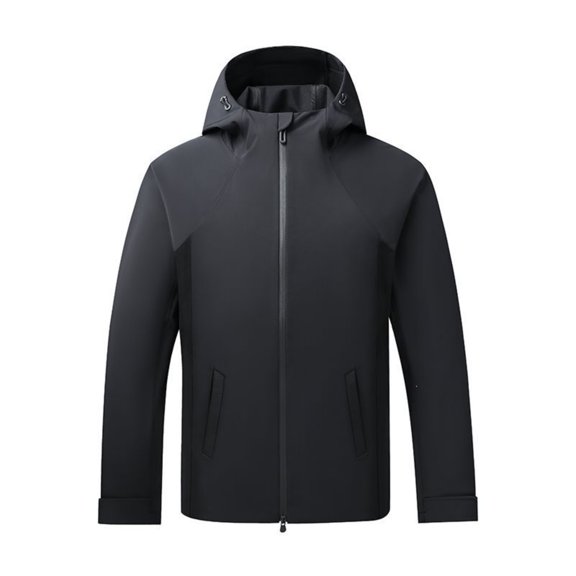 Men Solid-Color Fashionable Zipper Pocket Double-sided Detachable Hat Long Sleeve Hooded Casual Outwear Jacket Black XXXXL