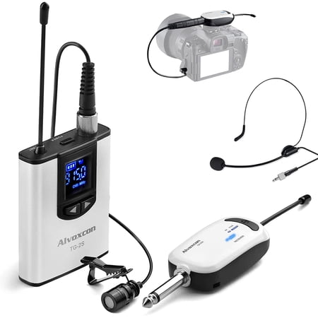 Alvoxcon Wireless Headset Lavalier Microphone System Wireless Lapel Mic Best for iPhone  DSLR Camera  PA Speaker  YouTube  Podcast  Video Recording  Conference  Vlogging  Church  Interview  Teaching