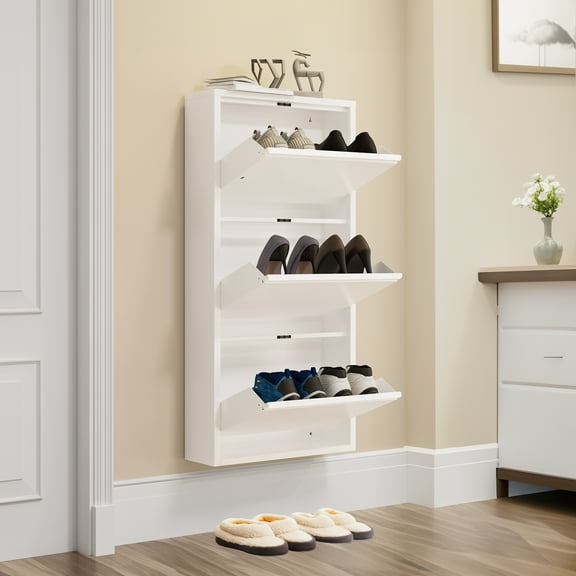 Uforic Metal Shoe Cabinet with 3 Flip Drawers, Wall Mounted, No-Assembly Steel Storage Cabinet, White