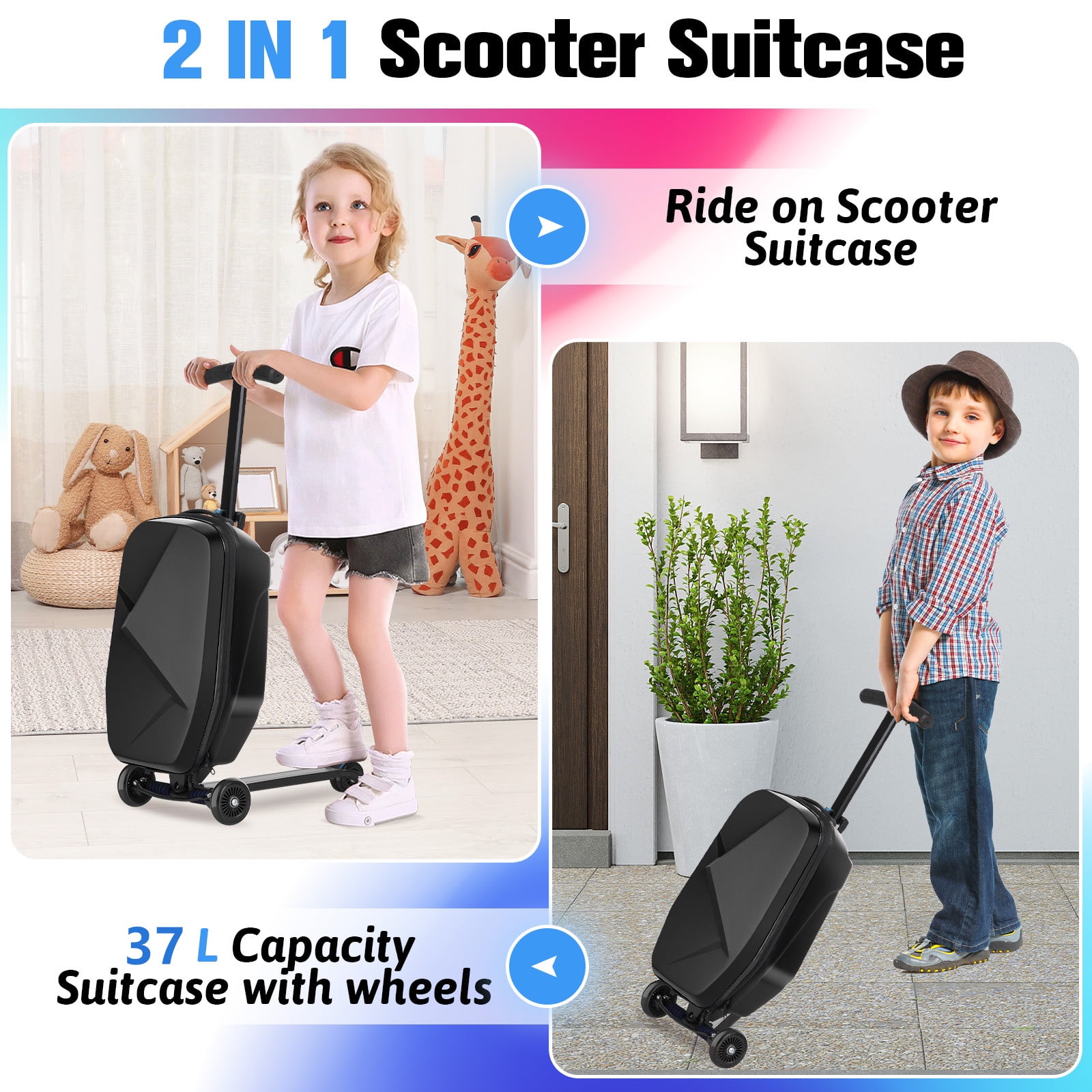 Advwin Scooter Luggage for Kids & Adults, Hardside Ride on Suitcase for Kids Ages 4-15 Multifunctional Lightweight Foldable Carry on Luggage with Wheels Ride on for Children Teenagers, Black