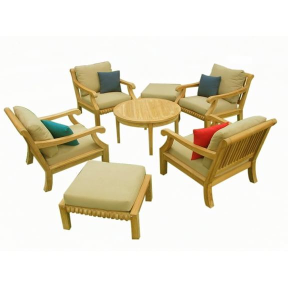 Giva 7 Pc Lounge Chair Set: 4 Lounge Chairs, 2 Ottomans & 36" Somer Round Coffee Table With Cushions in Sunbrela Fabric #5422 Canvas Antique Beige