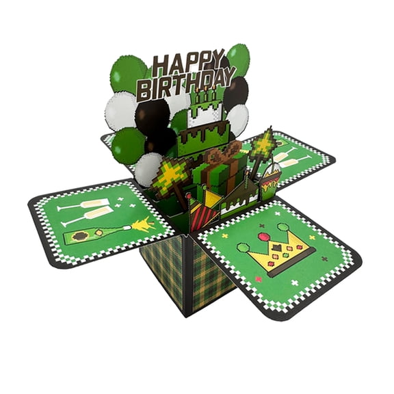 Green and Gold Pixel Pop Up Birthday Card, 3D Foldable Explosion Box with Envelope & Blank Note Card, Surprise Greeting Card for Kids, Teens, Gamers and Adults