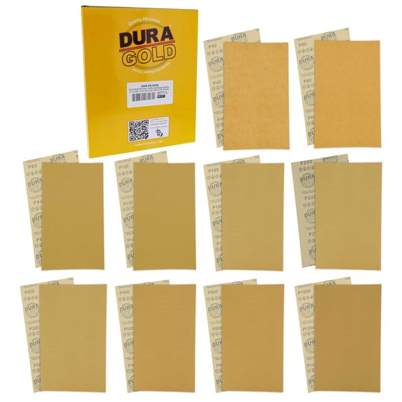 Premium 40, 60, 80, 120, 180, 220, 320, 400, 600, 1000 Grit 5" x 2.75" Size Gold Sandpaper with Hook & Loop Backing, 4 Each/40 Total -Woodworking, Sanders