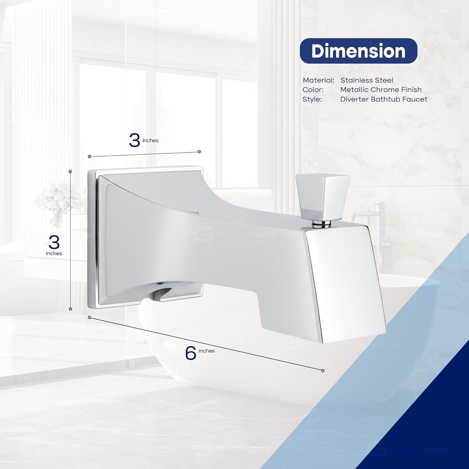 SUPPLYGIANT™ Tub Spout with Diverter 6" Square Bathtub Faucet with Decorative Chrome Plated Finish