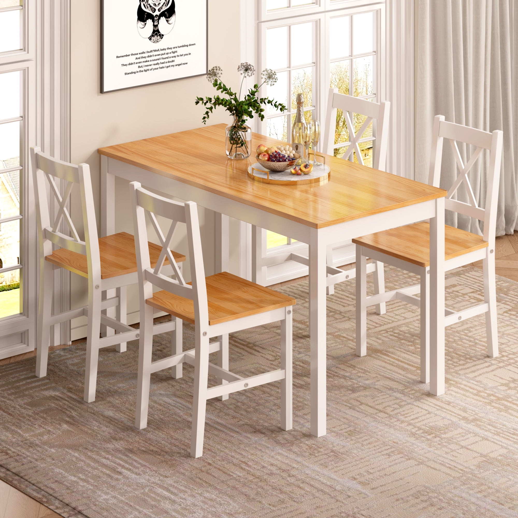 SogesPower 5-Piece Dining Table and Chair Set - Easy Assembly, Solid Pine Wood Board,Suitable for kitchen living room