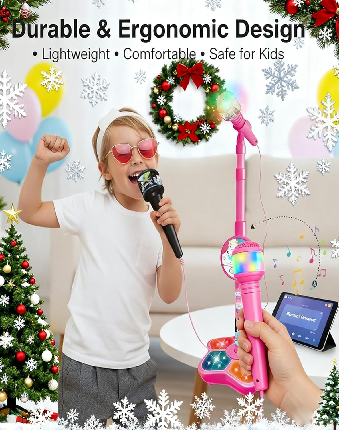 The All-in-One Microphone Toy, Kids Karaoke Machine with Adjustable Stand, Built-in Music, Colorful Lights, Echo Effects, Karaoke Microphone for Kids, Christmas Birthday Gift for Girls Boys (Black)