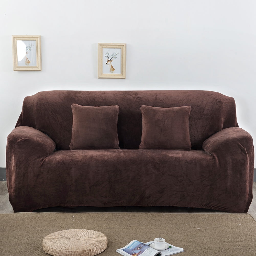 CJC Sofa Cover Plush Stretch 1 2 3 4 Seater Sofa Slipcover Chair Loveseat Couch Cover Furniture Protector Cover with 1 Pillowcase (3 Seater, Brown)