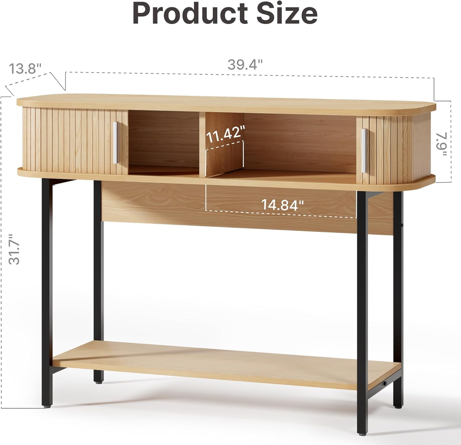 ECOTINY 40" Mid-Century Modern Entryway Table, Ultra Slim Fluted Console Table with Sliding Doors & Storage, Rounded Corner Wooden Sofa Table for Hallway & Living Room, Natural