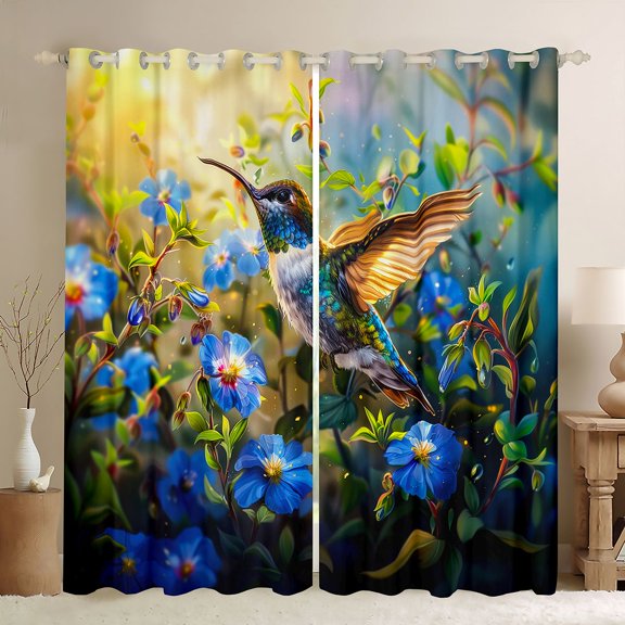 Manfei Adult Rustic Hummingbird Curtains Pack of 2 (42x84 Each), Blue Blossoms Floral Curtains Blackout, Countryside Theme Bedroom Curtains, Living Room Curtains Decor