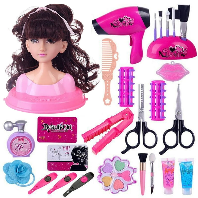  Makeup and Hair Styling Doll Head Toy Kit - Kids Pretend Play  Set with Real Washable Cosmetics and Style Accessories for Little Girls :  Toys & Games