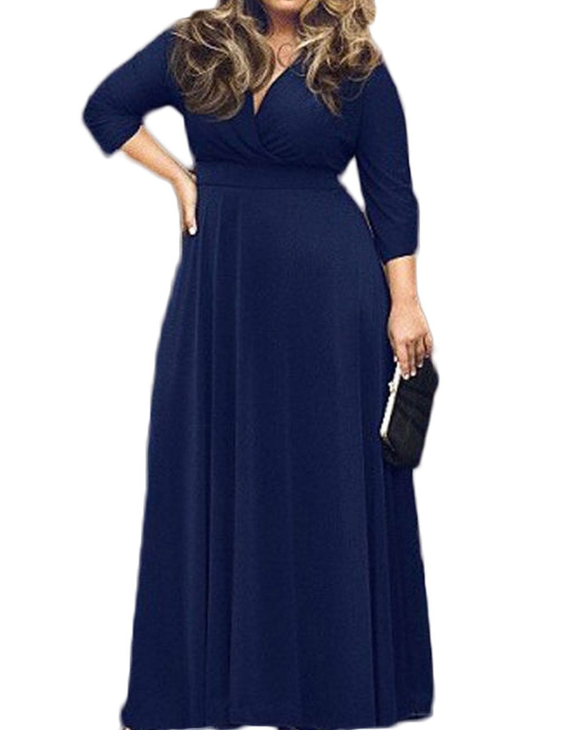 Women Maxi Dress V Neck Three Quarter Sleeve Dress Solidcolor Plus Size Dress Elegant Dress
