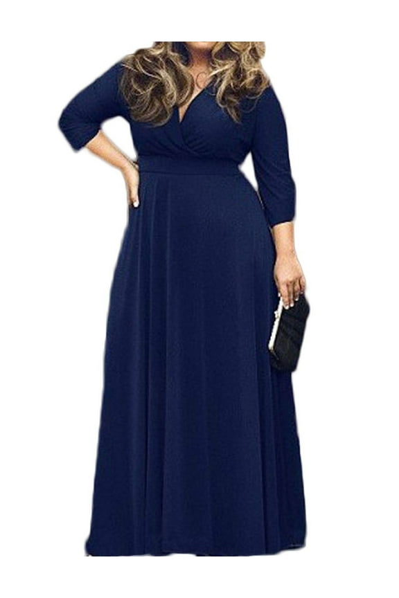 Plus Size Women's Solid 3/4 Sleeve Evening Gown, Flowy V-Neck Maxi Dress