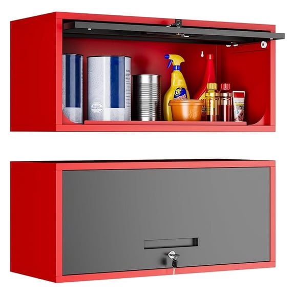Metal Wall Cabinet with Doors, Wall Mounted Storage Cabinet, Floating Tool Cabinet for Kitchen, Basement, Warehouse (Red Black, 13.7" H)