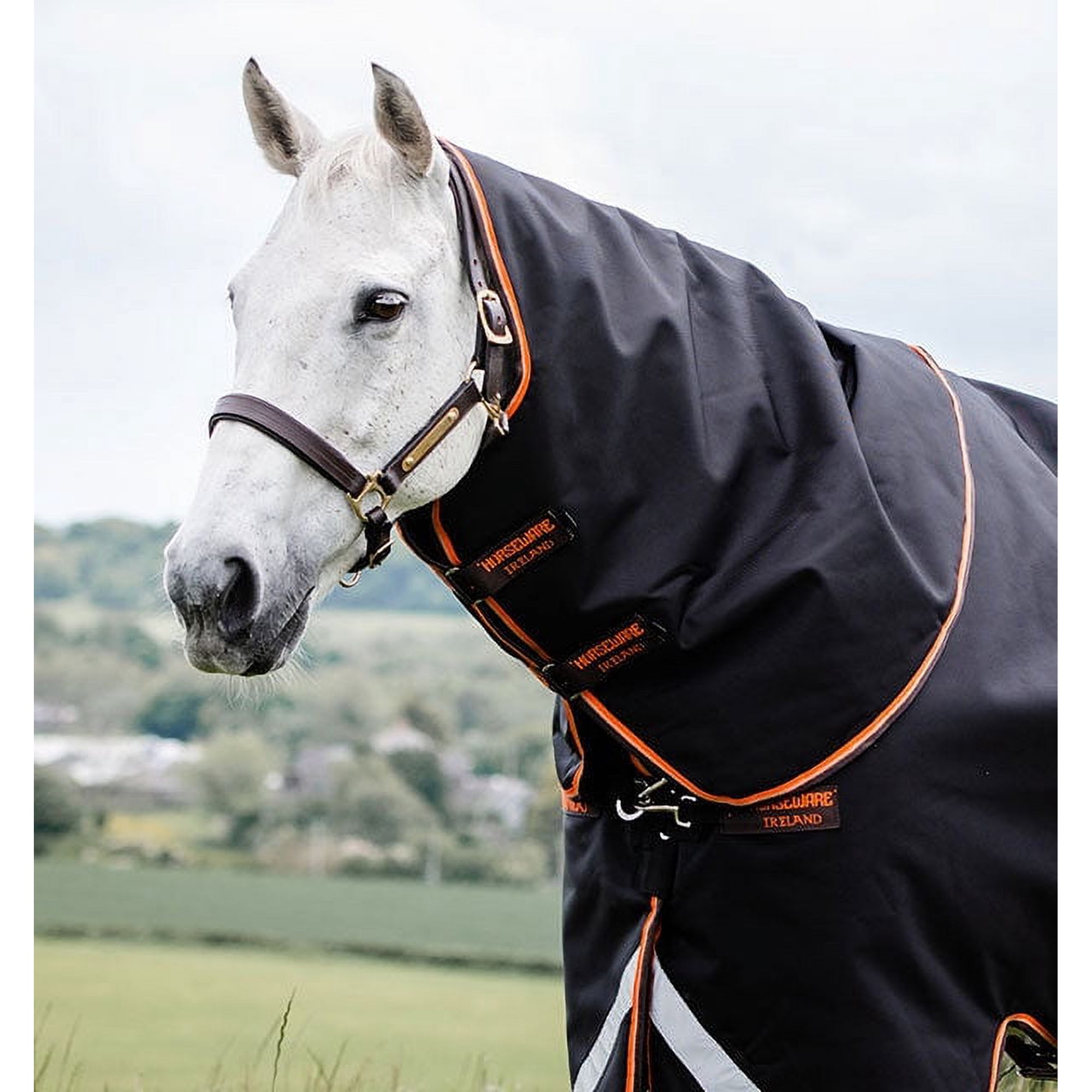 Rambo Supreme 1680D Turnout Hood (150g Medium-Lite), Black (Orange/Tan/Brown Trim), Size: X-Large