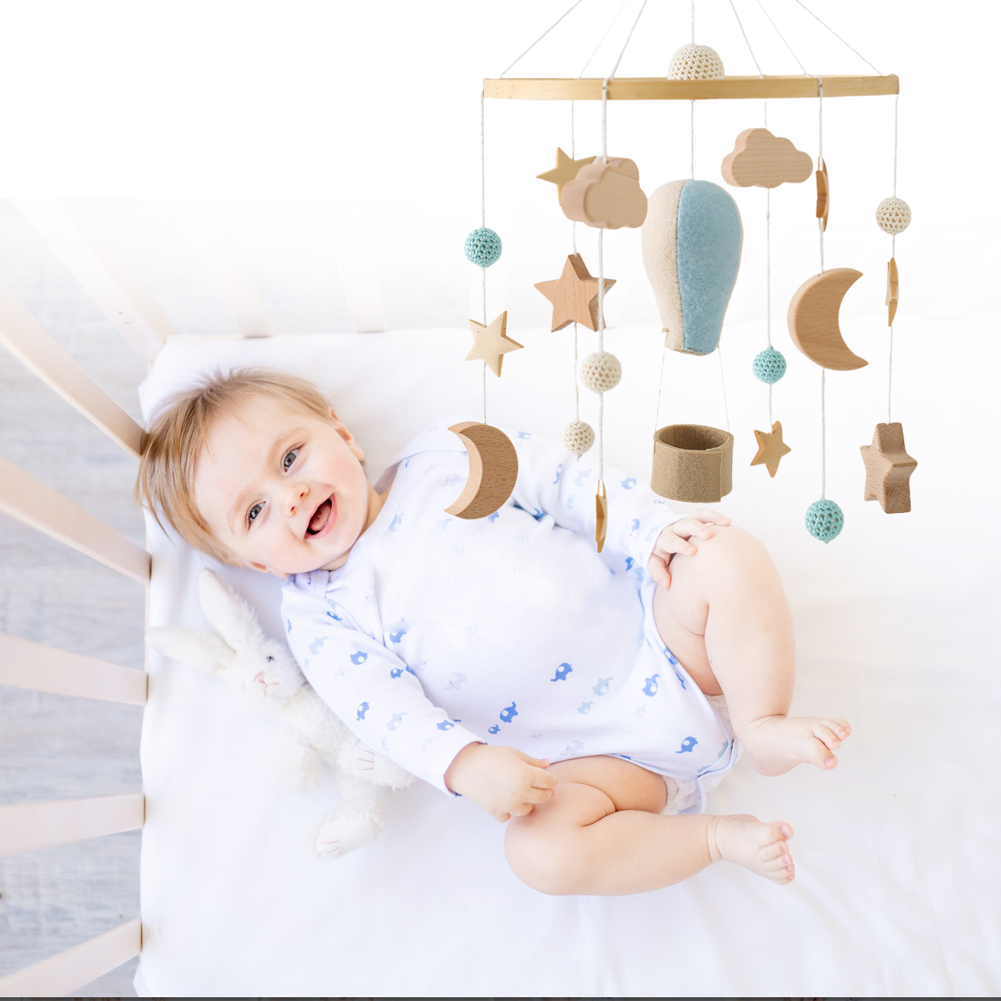 Baby Crib Bell – Rotating Wooden Wind Chime with Stars, Moon & Hot Air Balloon Hanging Toys for Newborn Sleep & Development, Blue