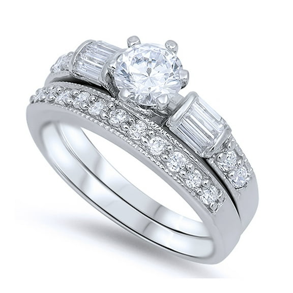 Men Women Sterling Silver Round CZ Vintage Wedding Ring Matching Band Bridal Sets 6MM ( Size 4 to 13 )