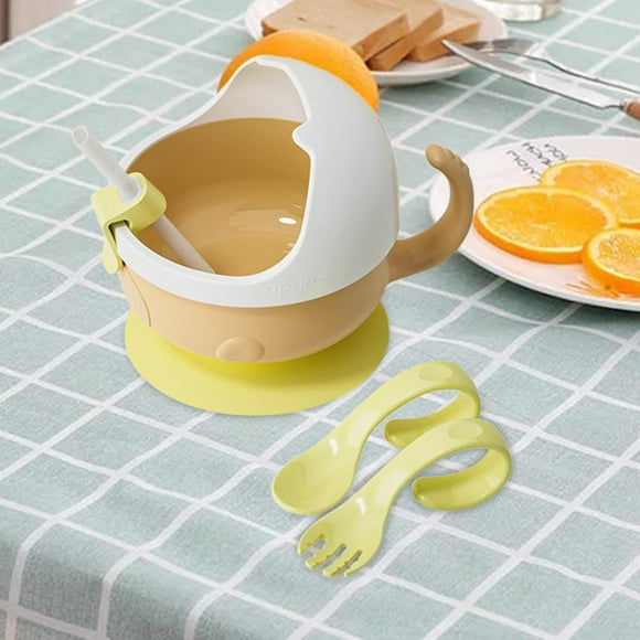 Tazón de succión,Cuenco con ventosa,recipiente para comida,cuchara,cuenco para bebés,Juego de platos aislantes para alimentación de bebé,Juego de cuchara y tazón aislante de acero amarillo