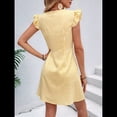 thumbnail image 4 of Vestidos de Verano A Rayas para Mujer, Minivestido Informal con Cuello en V, Mangas Abullonadas, Volantes y Botones. Amarillo L, 4 of 8
