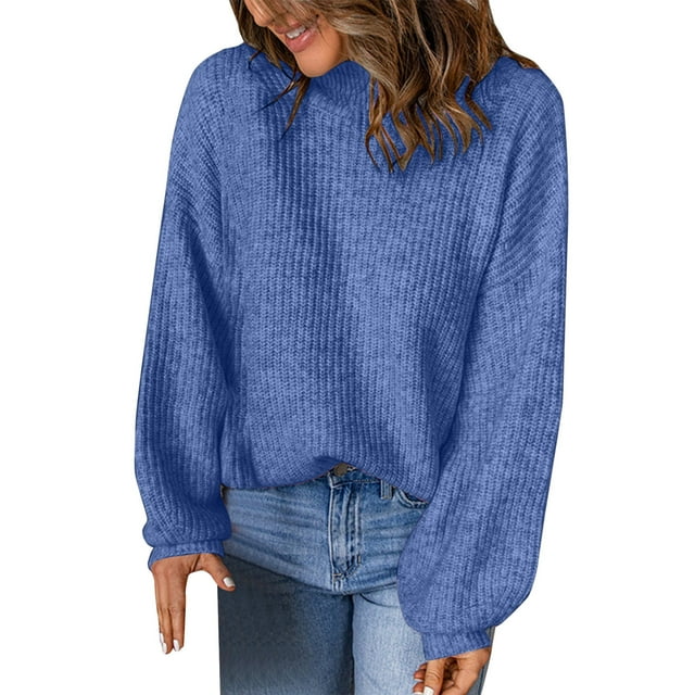 Duoif Chandails pour Femmes Haut Tendance Col Roulé Couleur Unie Chandail Ample Chandail pour Femmes Hauts Bleus P