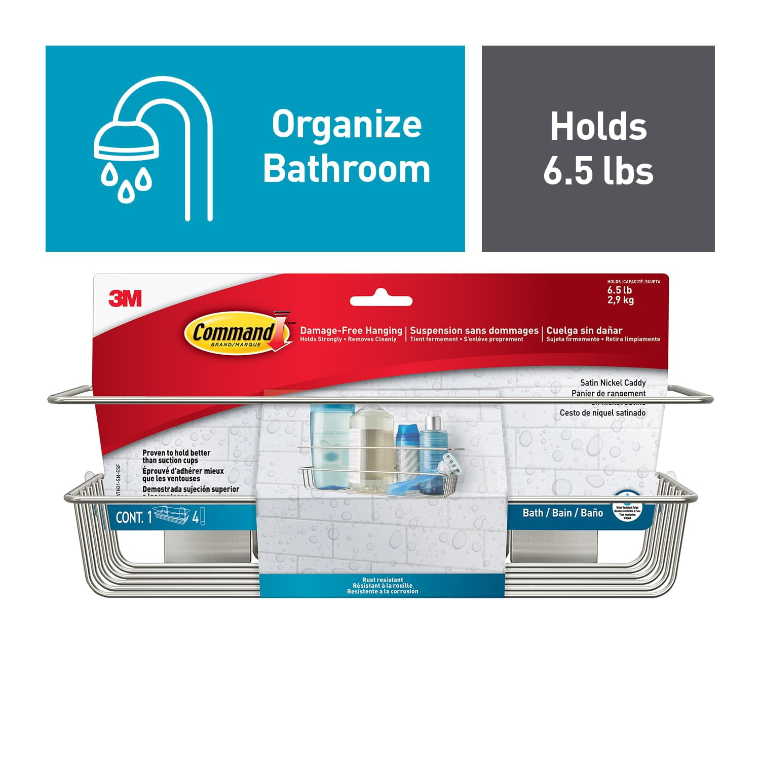 Command Bath Shower Caddy, Satin Nickel, 1 Caddy and Command Soap Dish, Satin Nickel