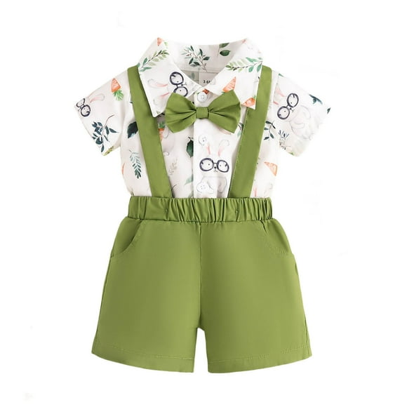 YOUSNH Clothing Set Easter Set for Baby and Toddler Boys with Cartoon Rabbit Print on Short Sleeved Collared Jumpsuit and Suspenders Overalls Outfit for Boys Green 3-6 Months