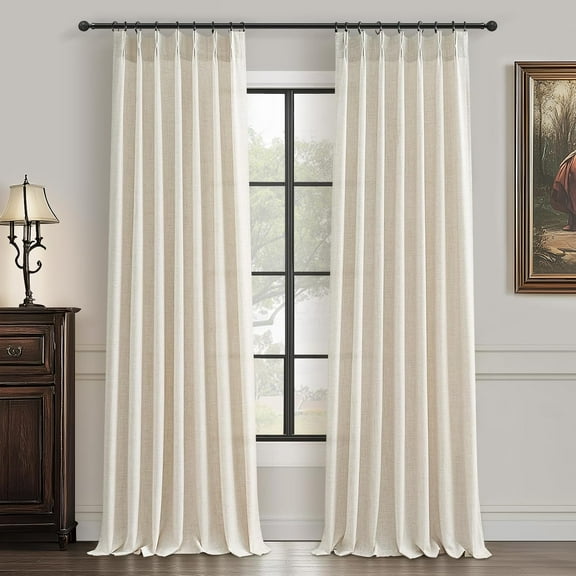 95 Inch Curtains 2 Panel Set for Sliding Door, Light Filtering Linen Pinch Pleated Curtains with Hooks&Rings Natural Cream Textured 95 Inches Semi Sheer Drapes for 94 Inch Windows 40" Wx95 L