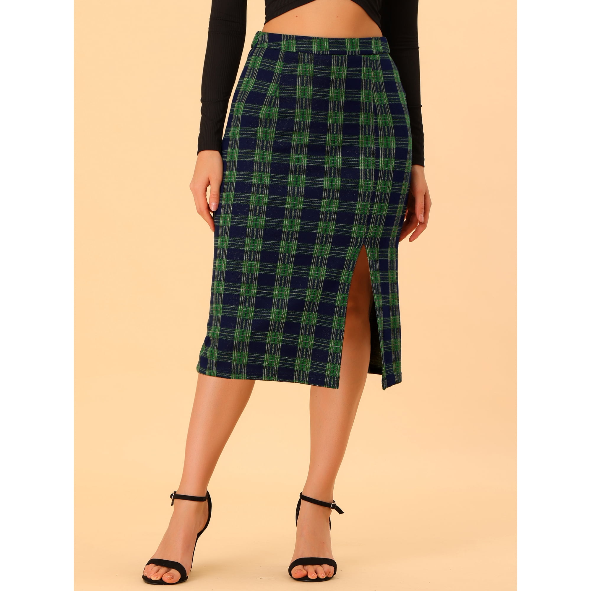 Unique Bargains Women s Plaid High Waisted Stretchy Slit Midi Pencil Skirt Green XL