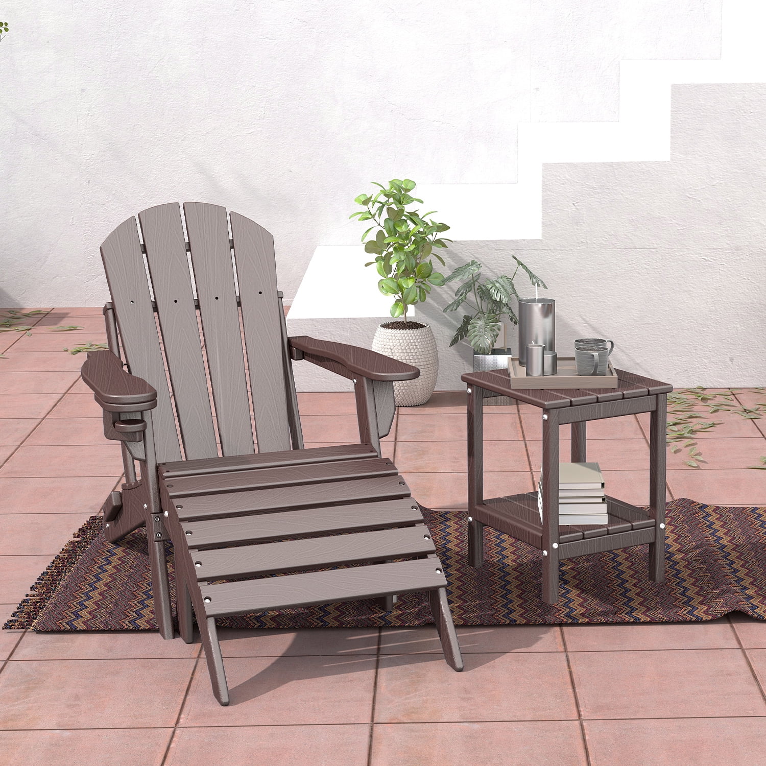 Pipopa Adirondack Outdoor Side Table,HDPE All Weather Double Layer Patio Side Table,Rectangular End Table for Garden Balcony Pool,BrownWood
