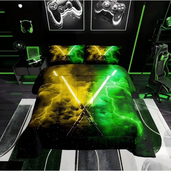Erosebridal Galaxy Lightning Twin Comforter Sets, Green Yellow Watercolor Print Bedding Set, Reversible