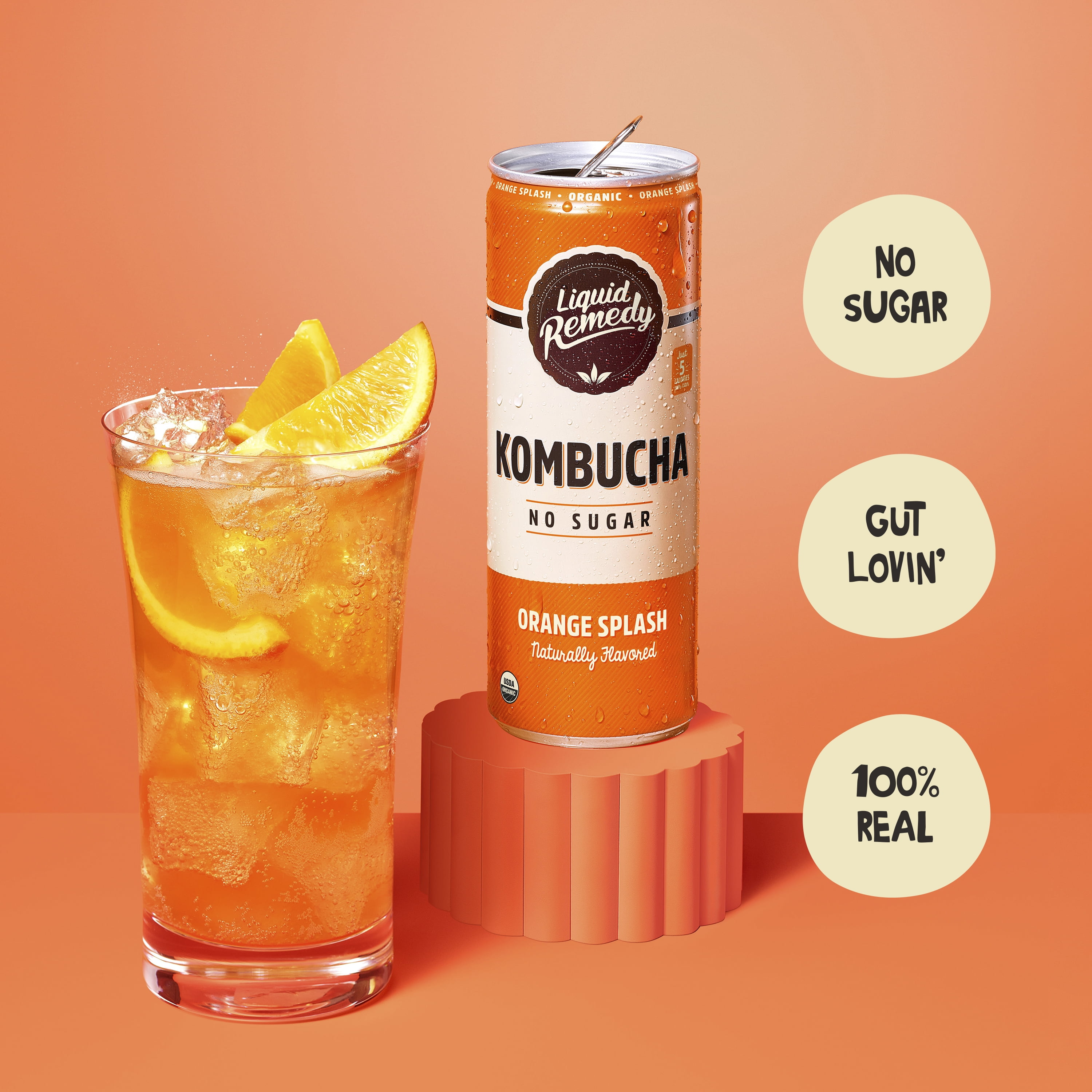 Liquid Remedy Kombucha Orange Splash Low Calorie Sugar Free, 12 Pk, 12 oz Cans