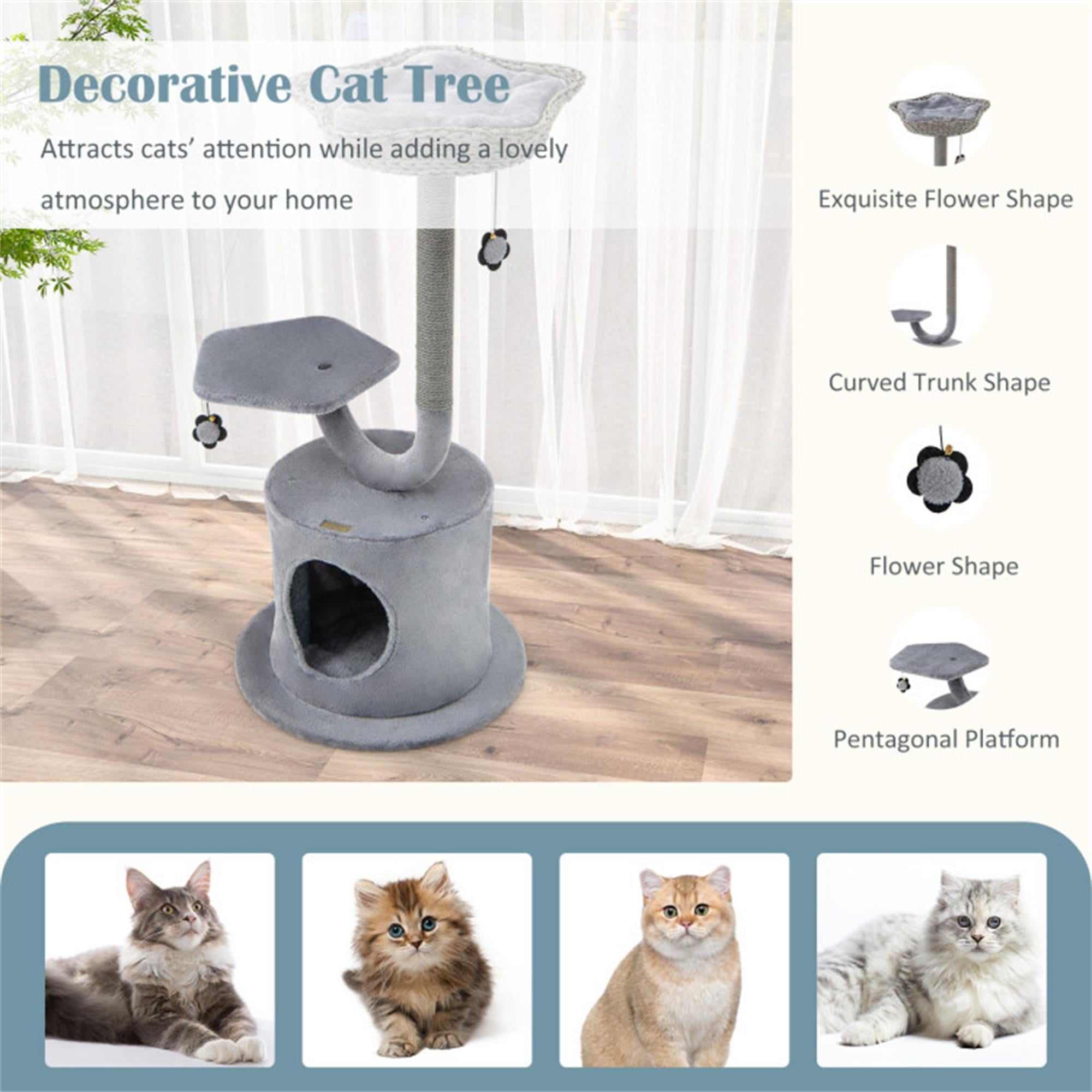 resenkos 42" Cat Tree Tower, Small Cat Condo with Curved Metal Supporting Frame, Cat Tree House with Perch and Hanging Ball, Gray