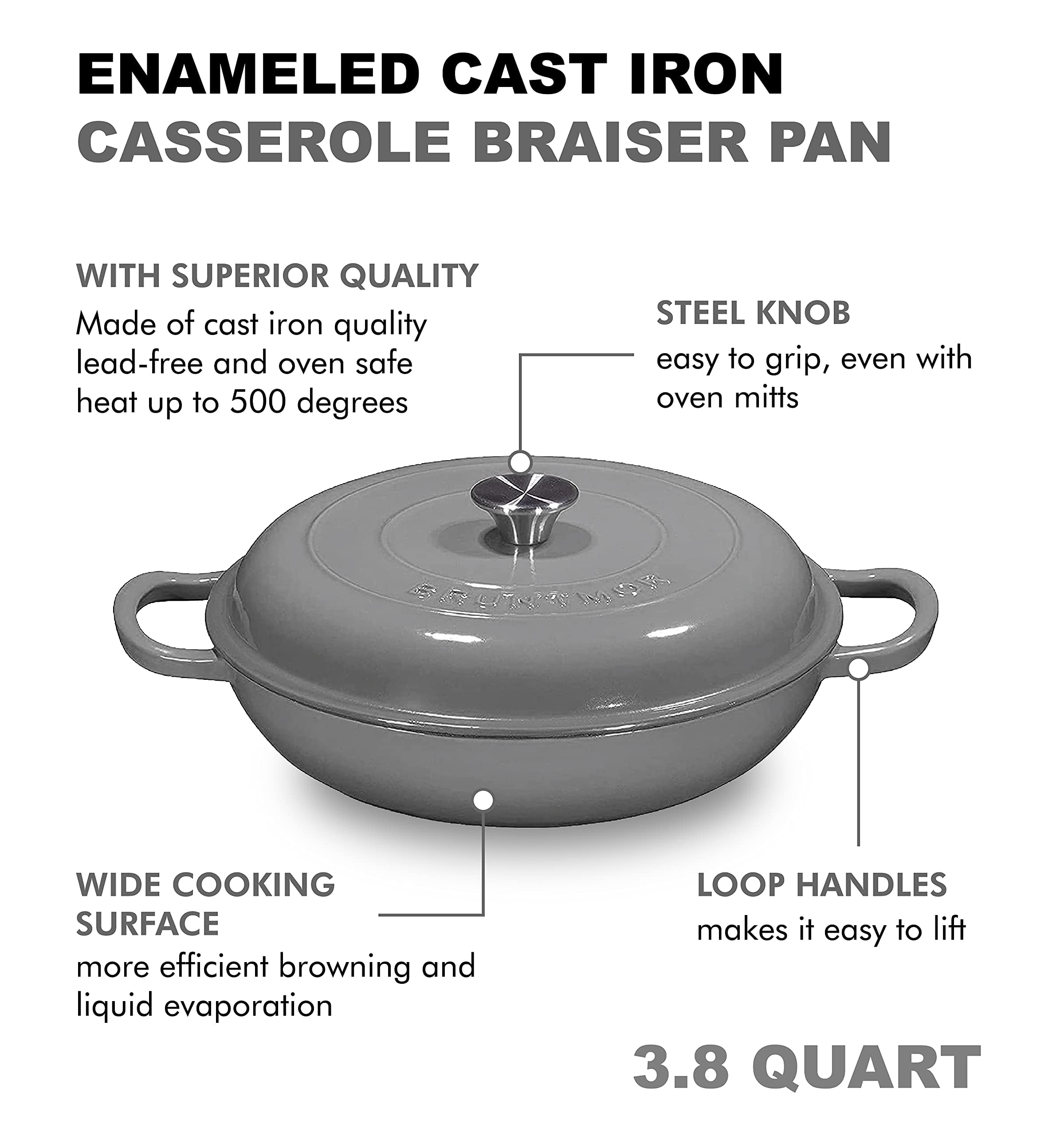 Quart Enameled Cast Iron Braiser Pan with Lid, Cast Iron Casserole