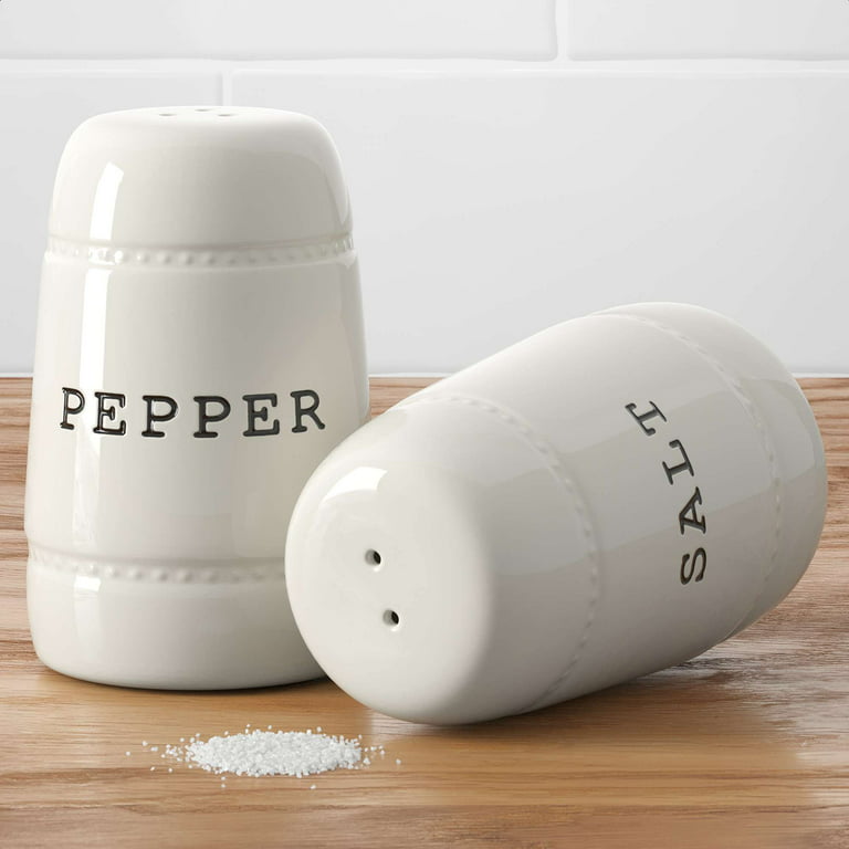 White Ceramic Salt and Pepper Shaker Set, Farmhouse Salt and