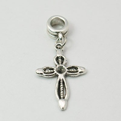 Mini Antiqued Cross Charm Antique Silver Finish Cross Dangle Charm Bead. Compatible With Most Pandora Style Charm Bracelets. ()