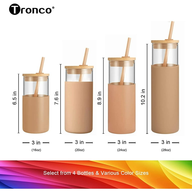 GetUSCart- Tronco 20oz Glass Tumbler Glass Water Bottle Straw Silicone  Protective Sleeve Bamboo Lid - BPA Free (Black/ 4-Pack)