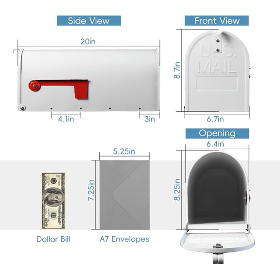 Metal Mailboxes Post Mount, Galvanized Steel Outside Mail Box, Standard Medium Capacity, 20 x 8.7 x 6.7 Inches, White
