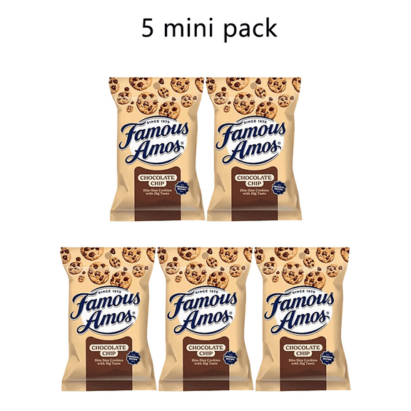 5 Pack Famous Amos Chocolate Chip Cookies, Classic Bite Size Snacks, 2 Oz Each