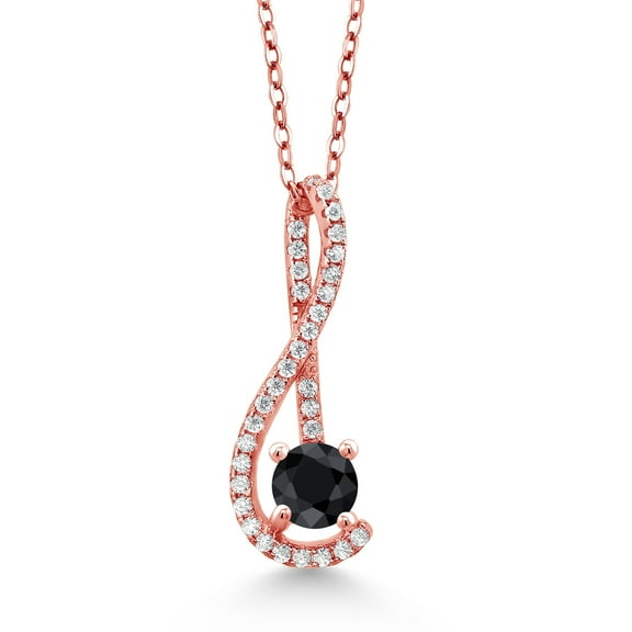 Gem Stone King 0.95 Ct Black Sapphire White Created Sapphire 18K Rose Gold Plated Silver Pendant with Chain