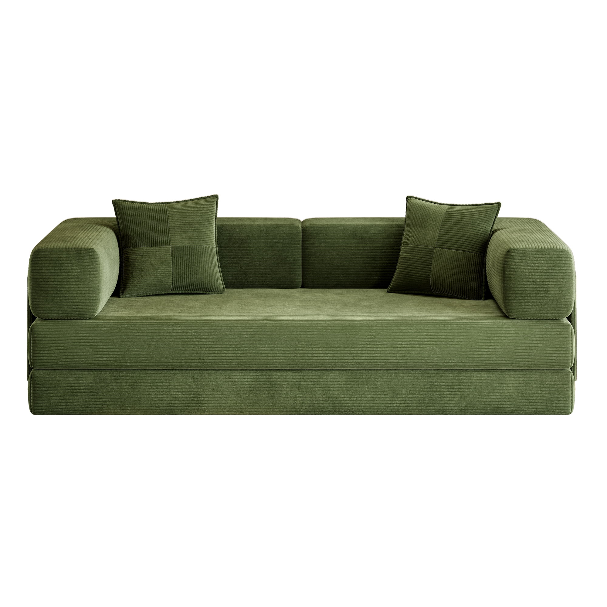 Leumius 79 Inch Convertible Sofa Bed,5-in-1 Corduroy Floor Sofa with High-Density Foam,Metal Back and Arm Supports, Washable Cover and Side Pockets,Green