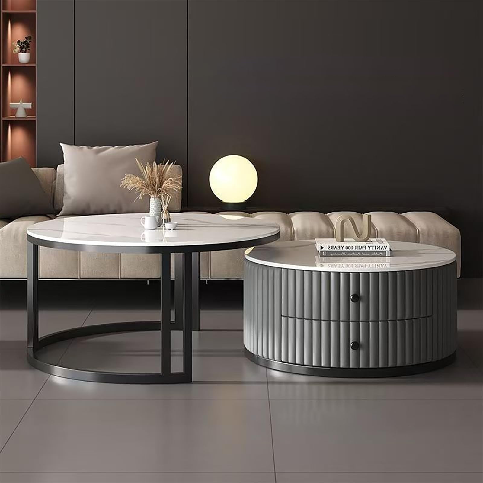 Black Coffee Table Round Set of 2 Nesting Coffee Table for Living Room Circle Coffee Table with Storage Drawer Mid Century Modern Coffee Table with Marble Desktop Large Round Coffee Table