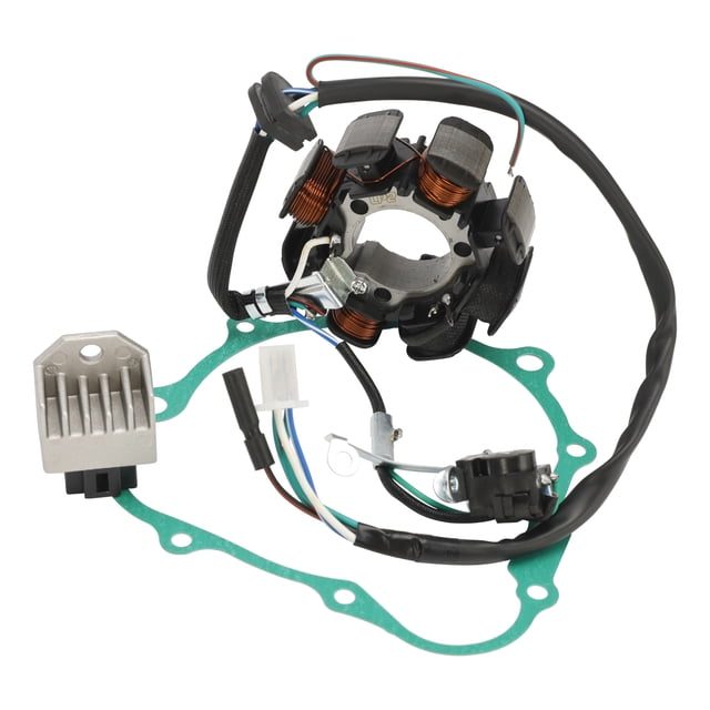 Generator Stator Regulator Rectifier & Gasket for Honda CRF230 CRF230F 2003-2019. Includes a magneto coil stator, voltage regulator, and crankcase gasket. Designed as a direct replacement for OEM parts, compatible with Honda CRF230F models from 2003 to 2019. Features a green gasket, copper-wound stator, and a silver regulator with wiring connectors. Ideal for maintaining or repairing motorcycle electrical systems.