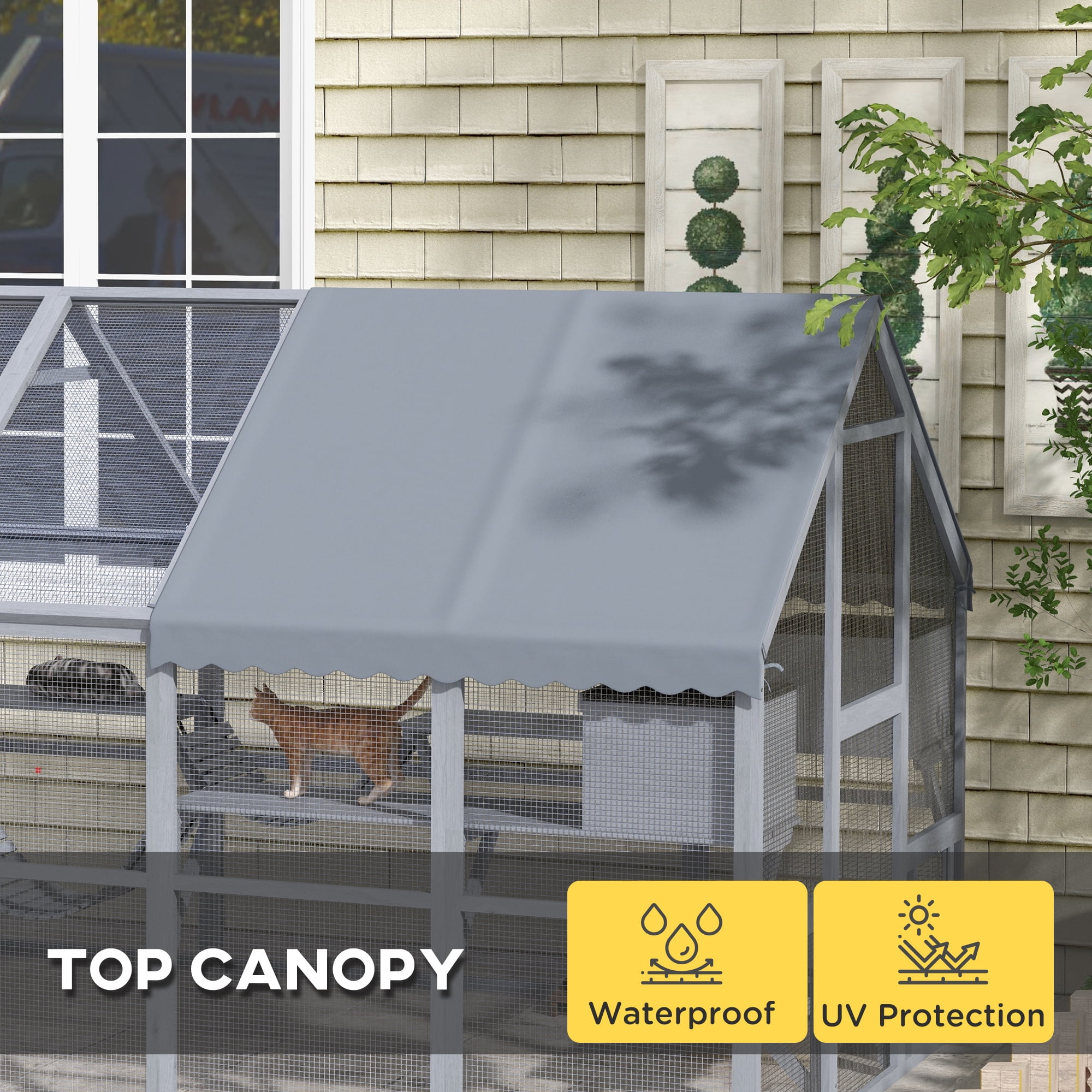 PawHut Large Catio Outdoor Cat Enclosure, Wooden Cat House for Multiple Cats, with Waterproof Cover, 2 Condos, 6 Platforms, Bridge, Doors, Gray