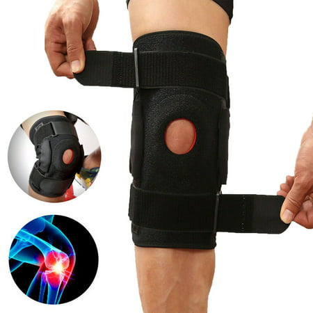 Self Adjusting Knee Stabilizer, Hinged Knee Brace Adjustable Open Patella Support Swollen ACL Tendon Ligament, Black, One Size Fits