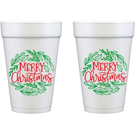 Christmas (Merry Christmas in Wreath) Party Cups 12 Pack - Elegant Party Cups - Foam Disposable Cups12oz. Cute Cup For Parties - Coffee Cups
