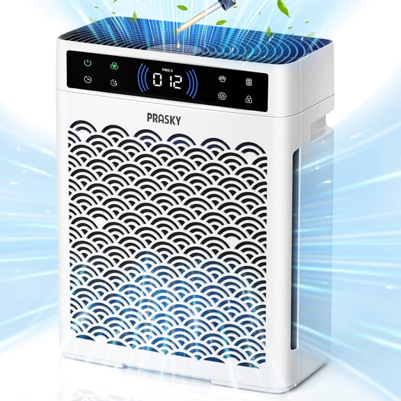 PRASKY Air Purifier for Home Large Room up to 2250 Sq ft, True HEPA Filter for Pets, Smoke & Allergies | Quiet for Bedroom (White)