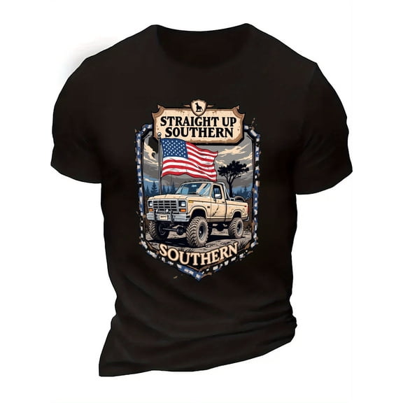 Retro Straight Up Southern Men's Graphic T-Shirt Vintage Pickup Truck American Flag Patriotic Country Style Cotton Tee