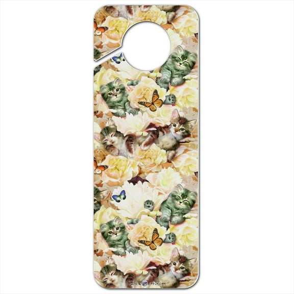 Kittens Cats Yellow Flowers Butterflies Pattern Plastic Door Knob Hanger Sign