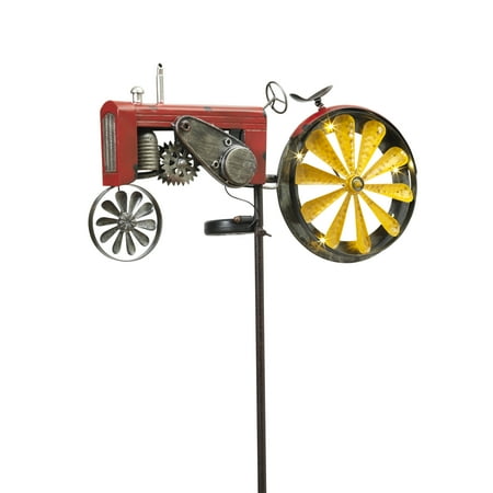Gerson 63-Inch Tall Solar Powered, Antique-Style Metal Tractor Yard Stake with Wind Spinner